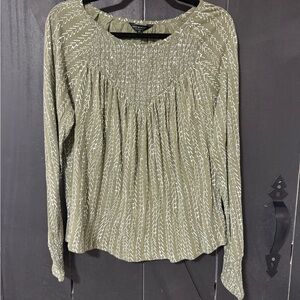 Lucky Brand Olive Green Smocked Yoke Long-Sleeve Blouse